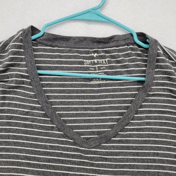 AMERICAN EAGLE Shirt Women's Long Sleeve V-Neck Striped Gray Large - Picture 8 of 12